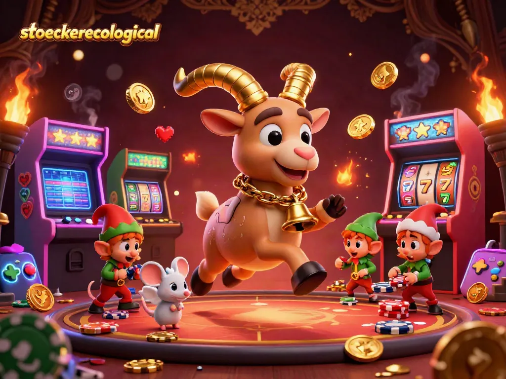 Engage with stoeckerecological's thrilling 3D casino scene featuring festive characters and vibrant gaming elements.