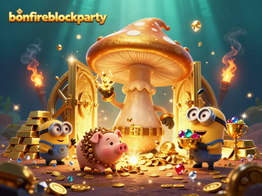 Experience bonfireblockparty magic with a vibrant 3D casino scene featuring golden treasures and whimsical characters.