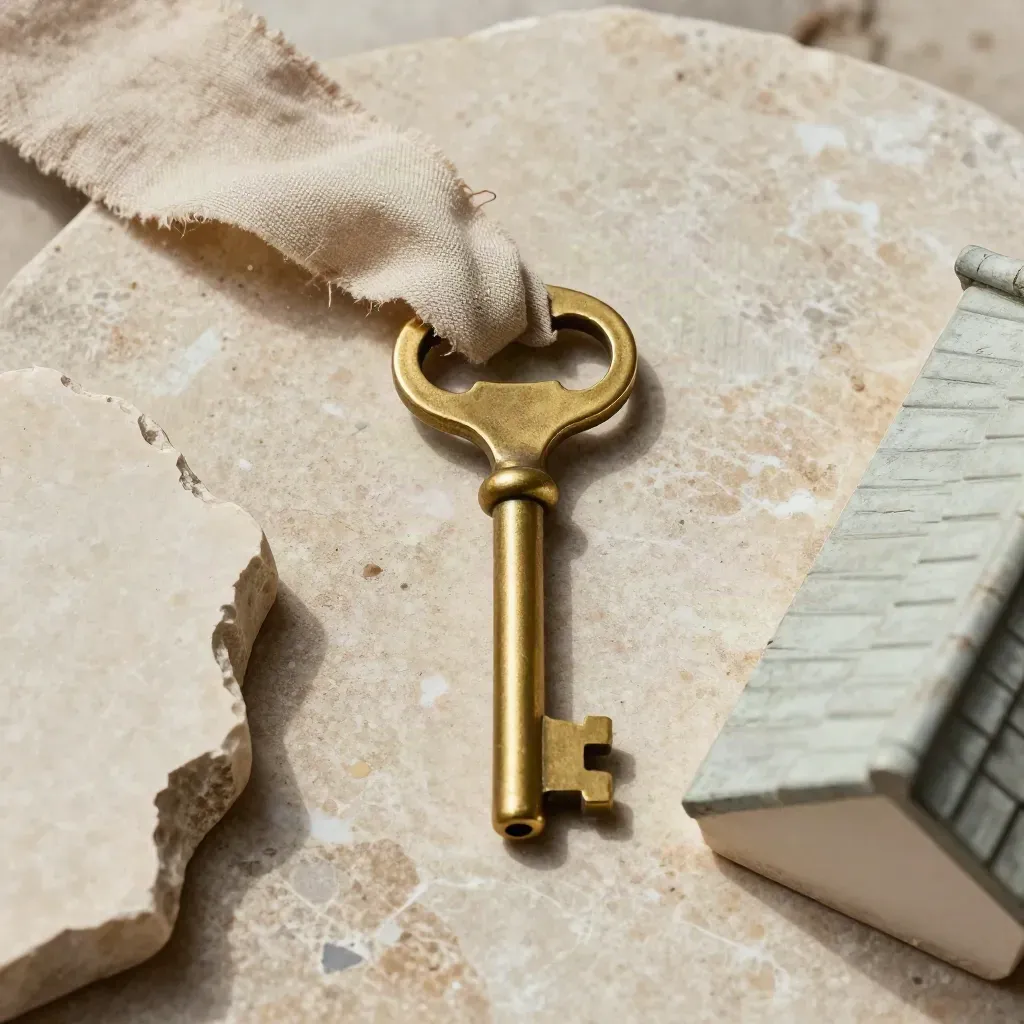 Llave de latón, piedra caliza y lino sobre travertino, con un tejadillo miniatura en verde salvia.