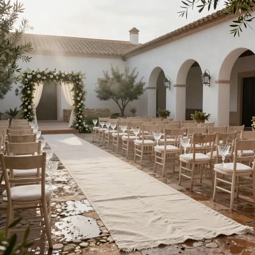 Finca de bodas española con pasillo de lino marfil, sillas claras y luz suave tras la lluvia.