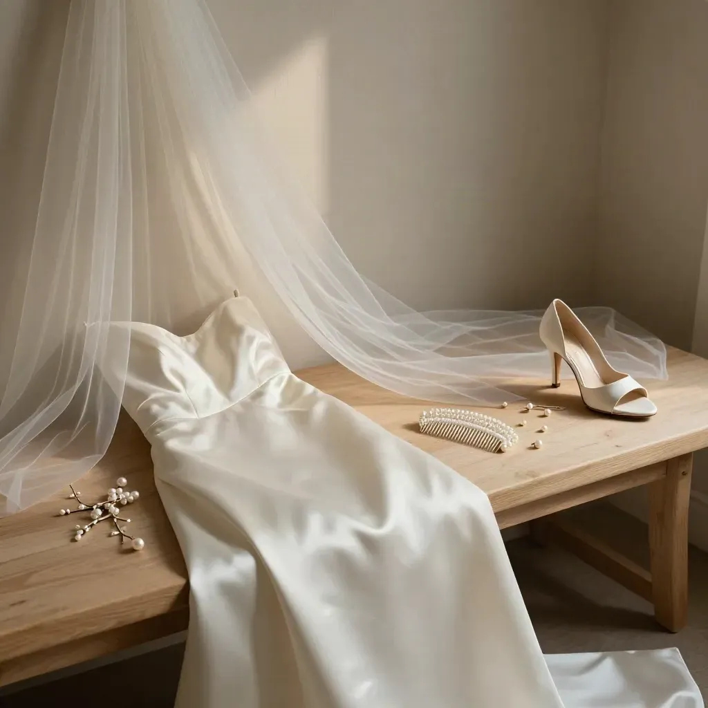 Vestido nupcial de satén con velo, peine de perlas, horquillas y tacón marfil sobre banco de madera.