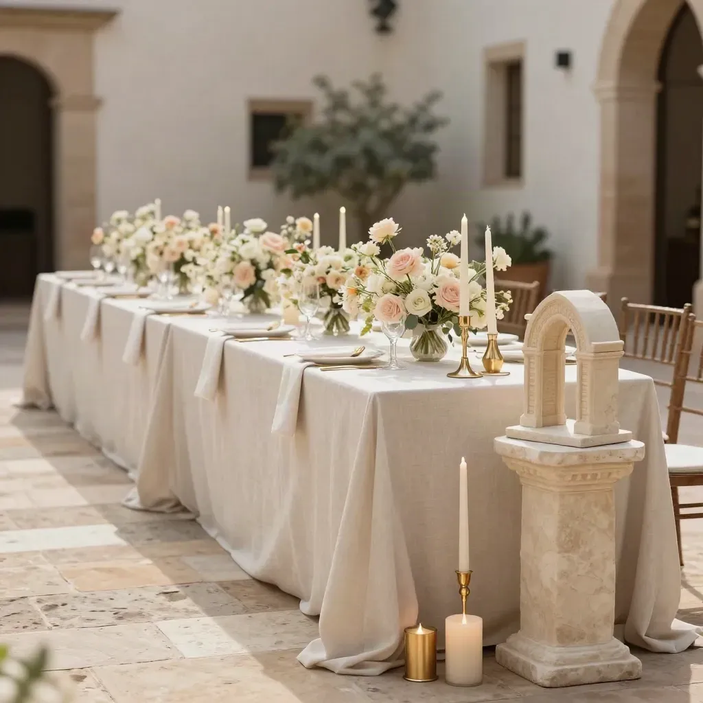 Decoración de ceremonia con mesa de lino marfil, velas altas y flores suaves en un patio claro.