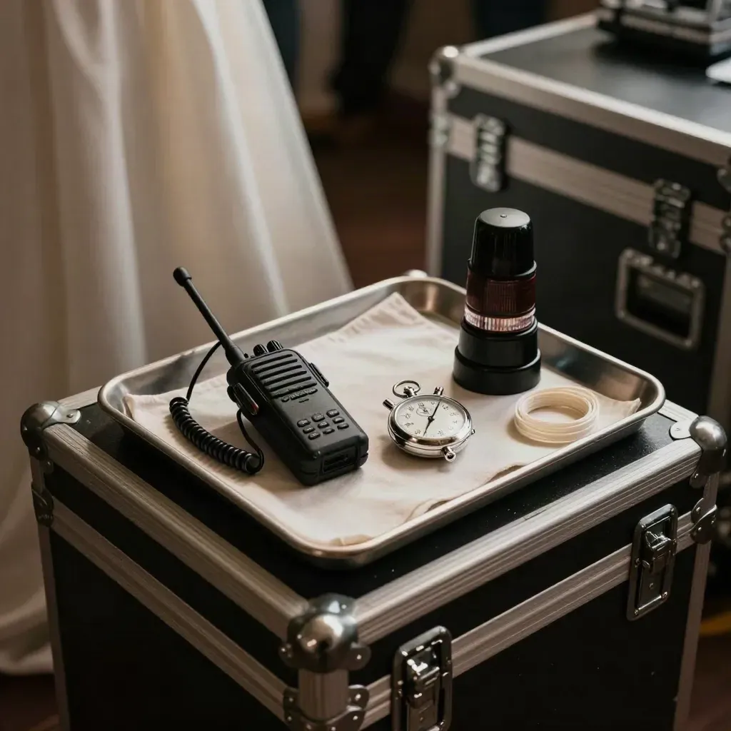 Radio bidireccional, cronómetro y luz de señal sobre bandeja metálica en un rincón de eventos.