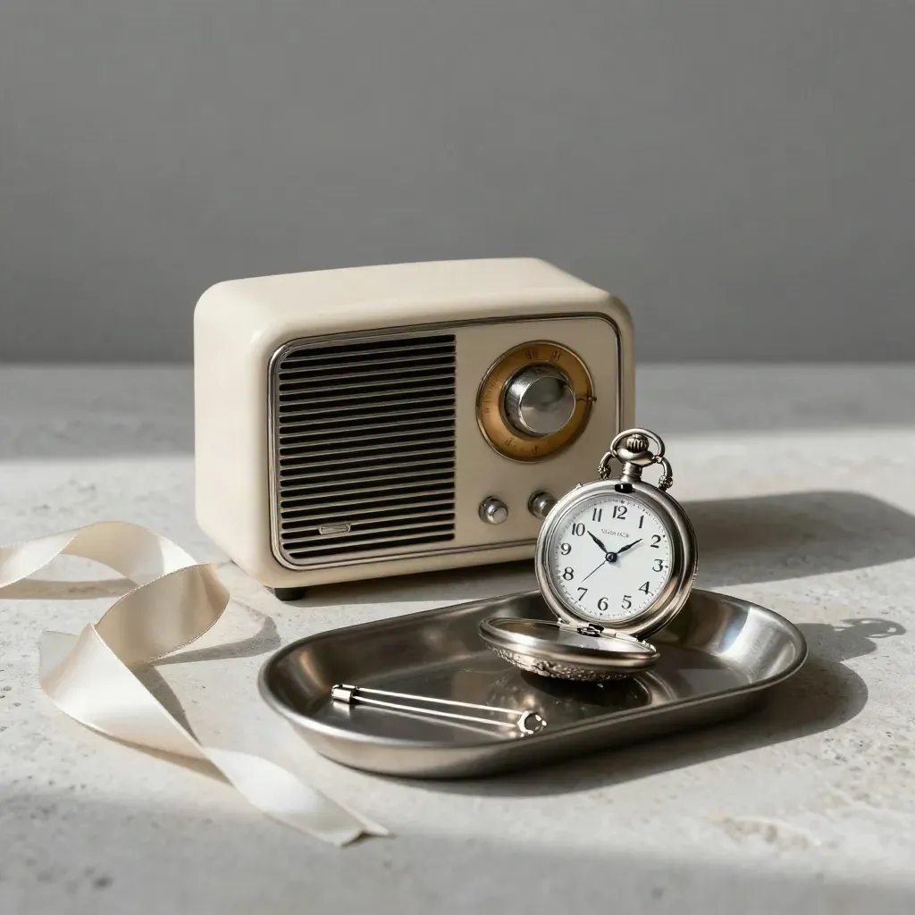 bandeja metálica con radio, reloj de bolsillo, cintas de satén y alfileres sobre fondo marfil