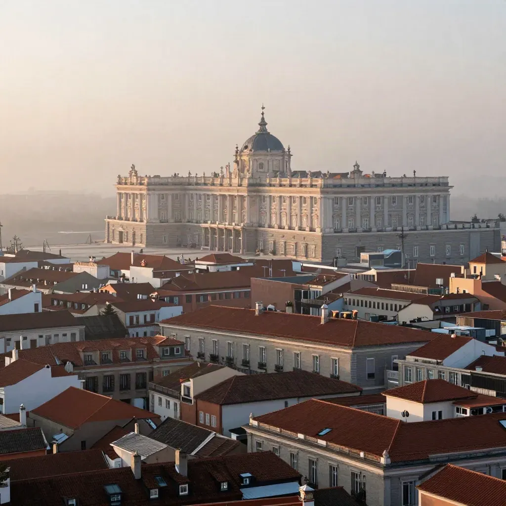 Vista amplia de Madrid al amanecer con el Palacio Real y tejados entre niebla suave.