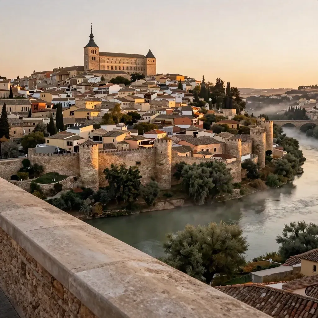 Vista de Toledo al atardecer, con murallas de piedra y el valle del Tajo en bruma cálida.
