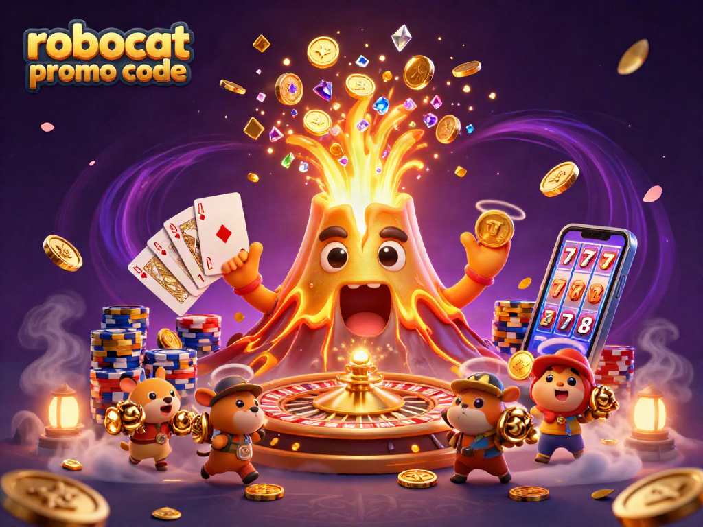 Spin the reels with the exciting robocat promo code, featuring a vibrant 3D casino scene.